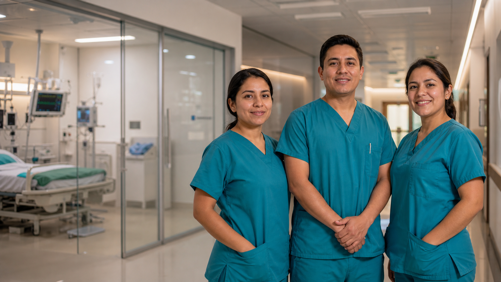 Equipo peruano de enfermería en una unidad hospitalaria moderna